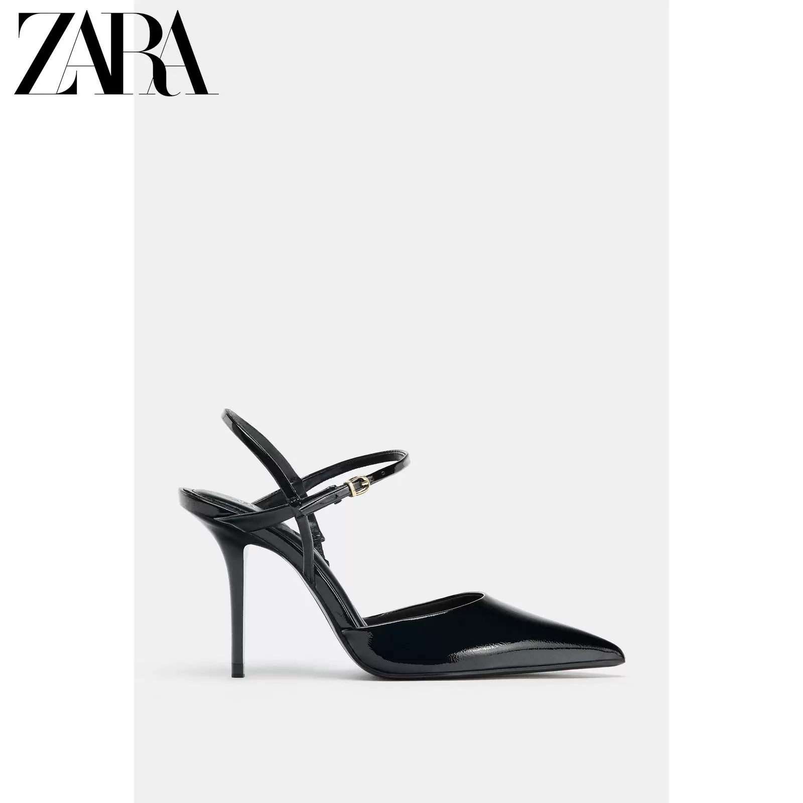 ZARA 2025 Осень Новинка Женские туфли с эффектом лакированной кожи, ремешок на лодыжке и шнуровка, высокие каблуки 2231610 800
