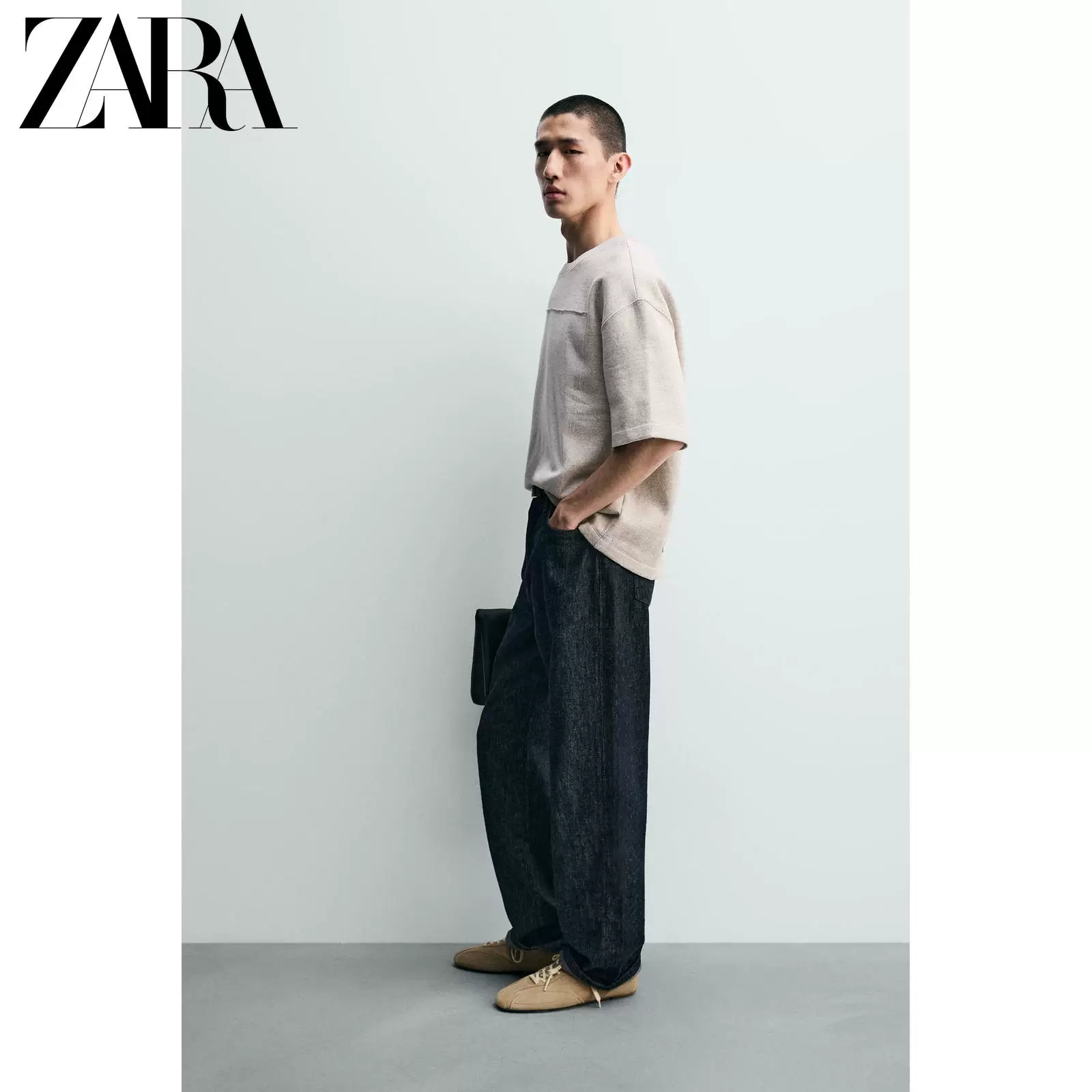 ZARA 2026 год весна-лето новые поступления мужской свободный свитшот с нашивками круглый вырез короткий рукав хлопок 5644465 803