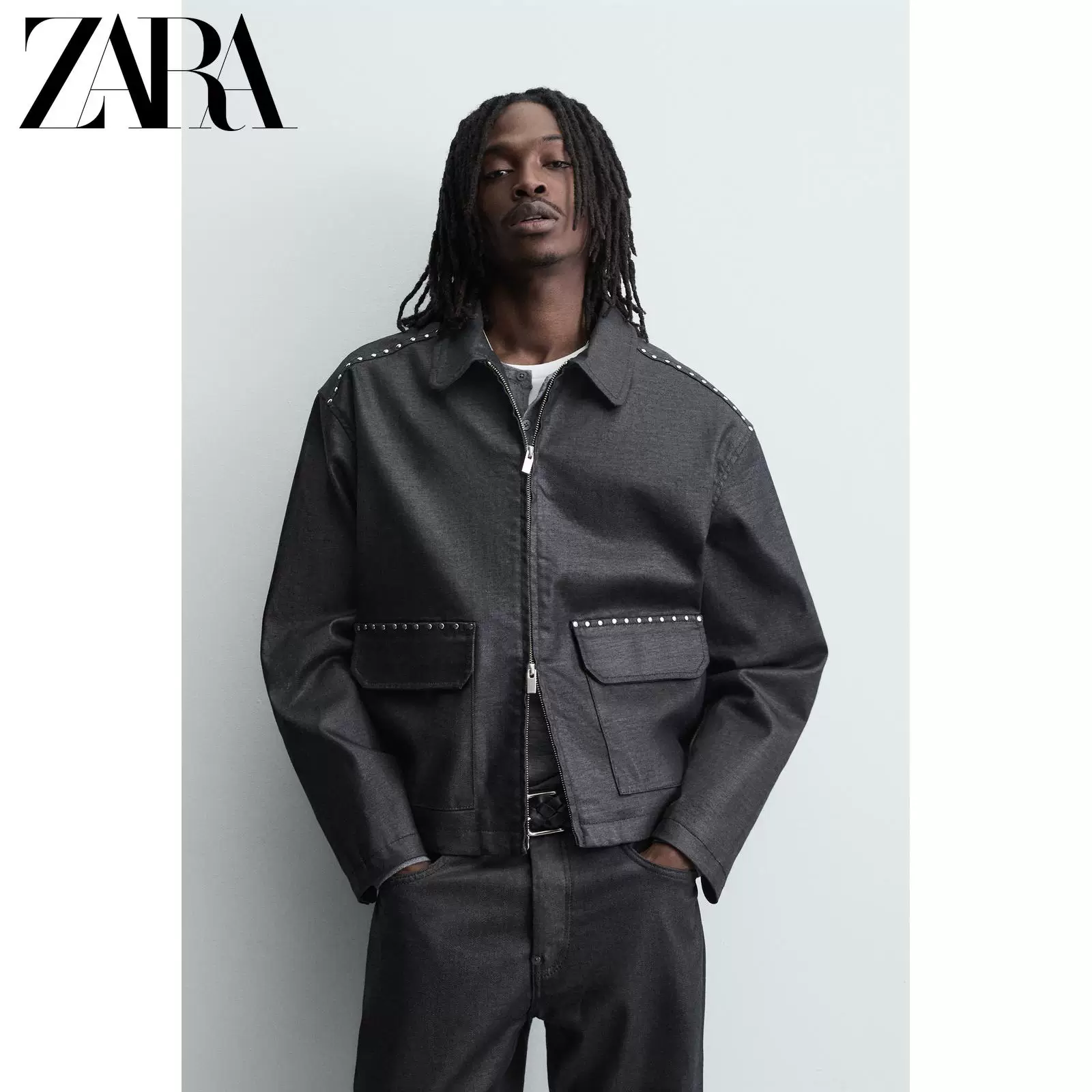 ZARA 2025 зимние новинки мужская куртка-бомбер с заклепками прямого кроя и молнией 0840391 400