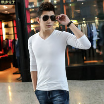 Autumn clothes men long sleeve T-shirt Korean slim V-neck shirt solid color base shirt body shirt tight cotton top clothes