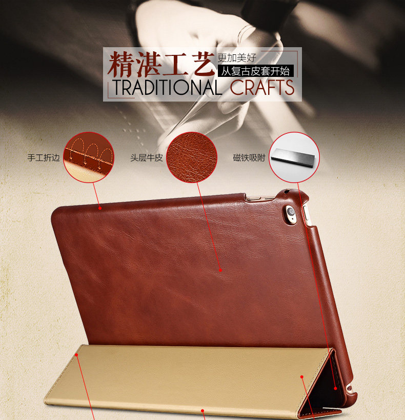 iCarer Vintage Series Smart Awakening Handmade Genuine Cowhide Leather Case Cover for Apple iPad mini 4