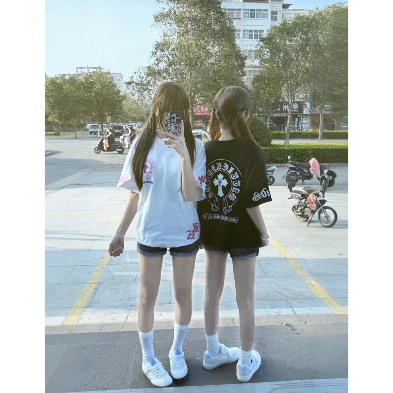 American High Street Style Sanskrit Letter Embroidery Short-Sleeve T-Shirt for Women, Summer Trendy Brand, Loose and Lazy Style, Couple's Student Top