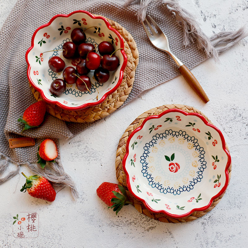 Beautiful Cherry Bowl -- Hand-painted Lace Retro Ceramic Small Bowl Dessert Salad Bowl Cute Deputy Food Bowl Breakfast Bowl