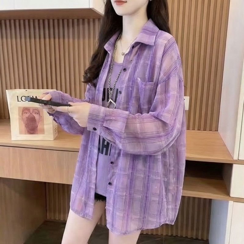 New Casual Style Purple Plaid Shirt for Women, Long-Sleeved, Loose-Fitting, Sun-Protective Cardigan, Versatile and Fashionable New Casual Style Purple Plaid Shirt for Women, Long-Sleeved, Loose-Fitting, Sun-Protective Cardigan, Versatile and Fashionable