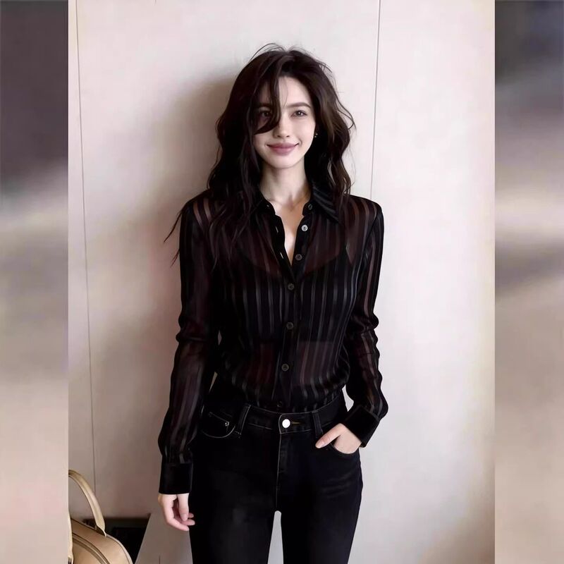 Black Sheer Shirt, Elegant Everyday Style, New Spring Design, French Design, Niche Fashion, Stylish, Long-Sleeved, Sun Protection Black Sheer Shirt, Elegant Everyday Style, New Spring Design, French Design, Niche Fashion, Stylish, Long-Sleeved, Sun Protection