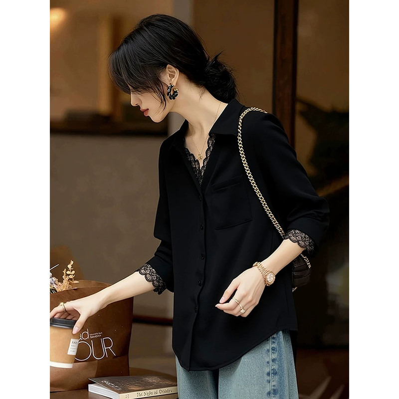 This Year's Trendy New Lace Patchwork Shirt for Women, Stylish and Slimming, with a High-End Feel, Black Long-Sleeved Top for Spring and Summer