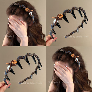 榛果摩卡~复古格纹纽扣带齿发箍女2025新款设计感ins头箍旅行发卡