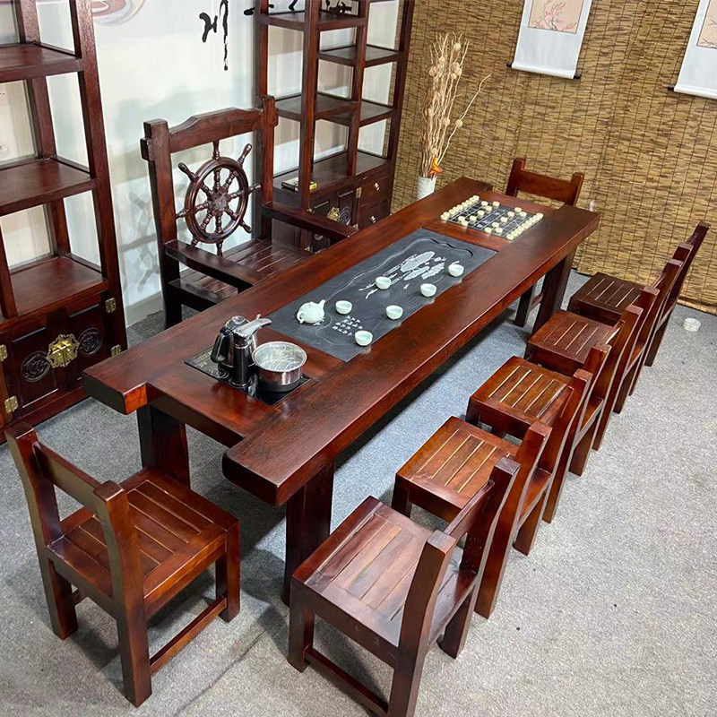Old boat wooden tea table and chair combination new Chinese style furniture set one solid wood tea table simple tea table living room tea table