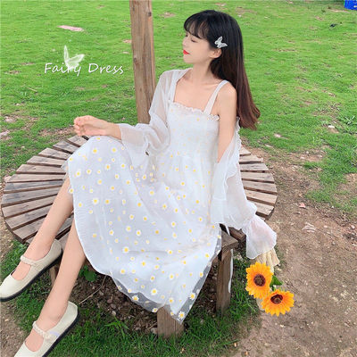 网纱高腰小雏菊吊带裙小清新连衣裙文艺复古甜美初恋裙无袖仙女裙