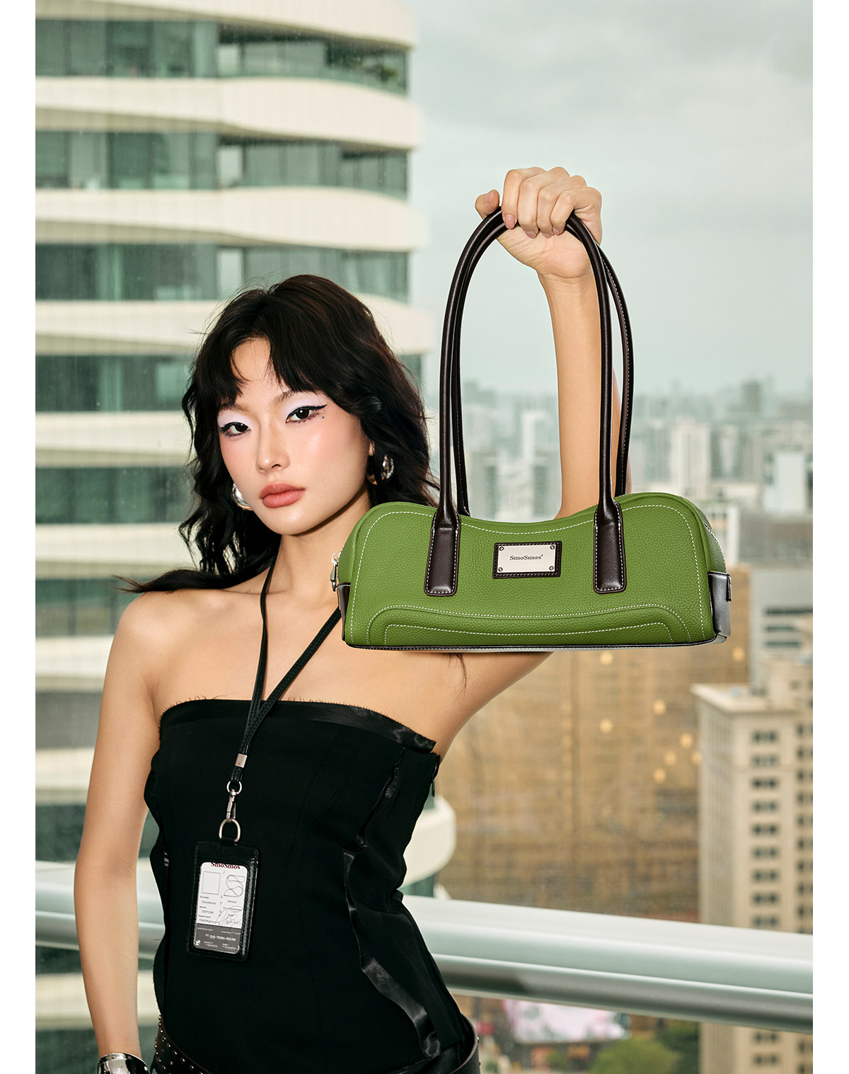 SmoSmos Matcha Green Leather Baguette Underarm Bag