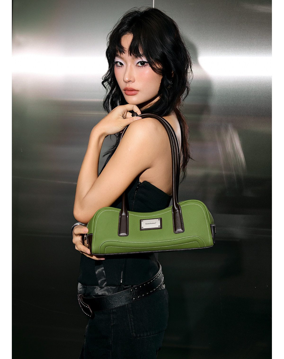 SmoSmos Matcha Green Leather Baguette Underarm Bag