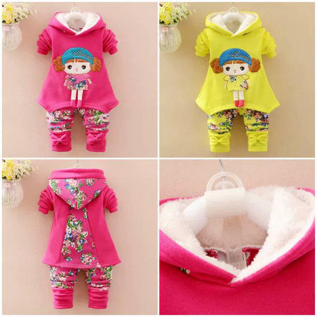 Bộ quần áo bé gái mùa thu đông cộng với nhung dày 2 triều 1-4 tuổi 5 bé gái ngoại ngoại áo len nhung vàng quần áo trẻ em 3 quần yếm cho bé gái