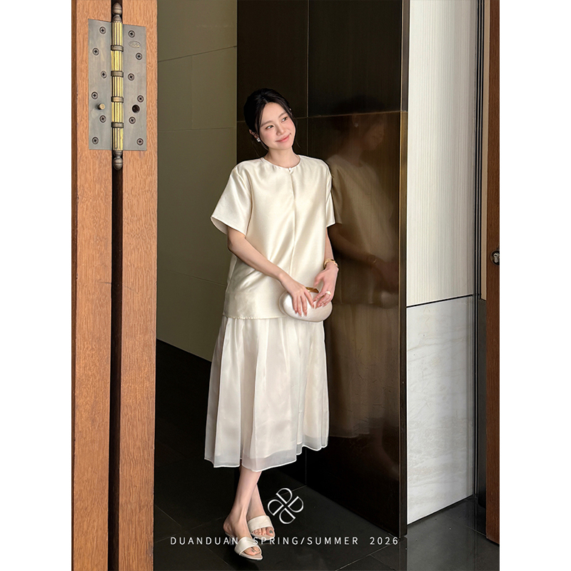 [Elegant Skirt] Heavy 32mm Mercerized Wool Silk Draped and Spliced with Silk Yarn, Elegant Long Dress