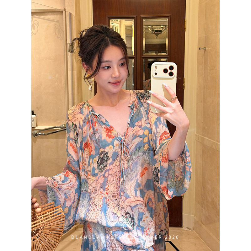 【Flowers of the Sea】Southern French Resort Style Heavy Print Lace-Up Lazy Shirt and Elastic Waist Skirt Set