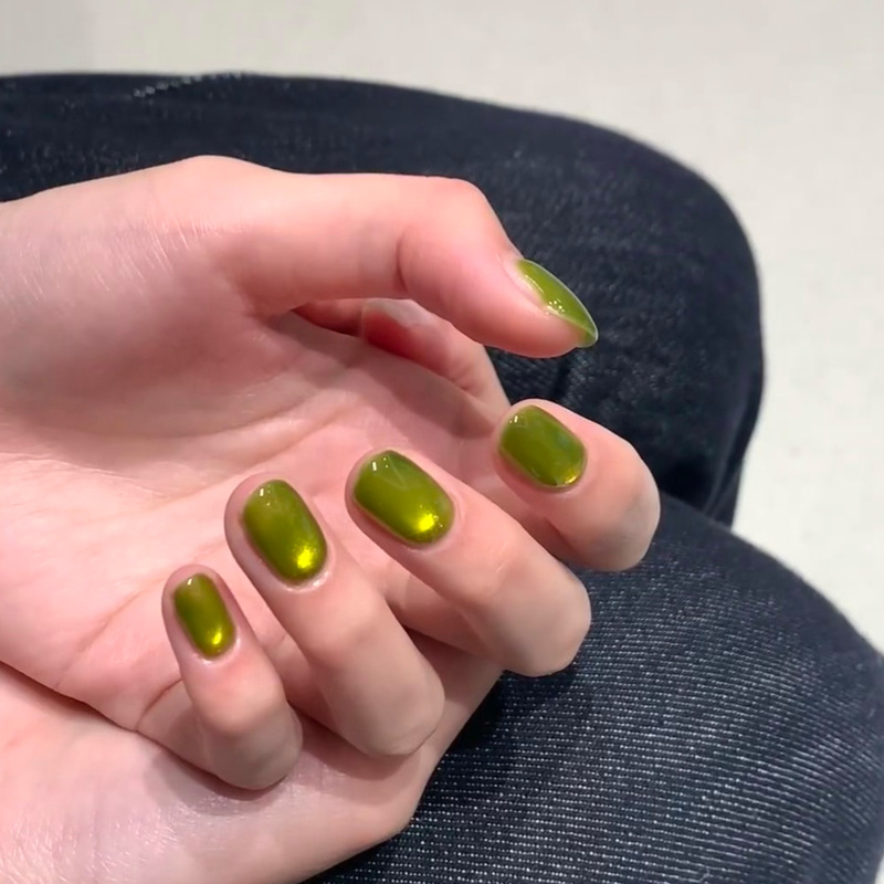 【Bamboo Gold】Handmade Short Press-On Nails in Glass Green and Gold Cat Eye, Soft Nails with Dazzling Sparkle, Gentle and Versatile for Everyday Wear