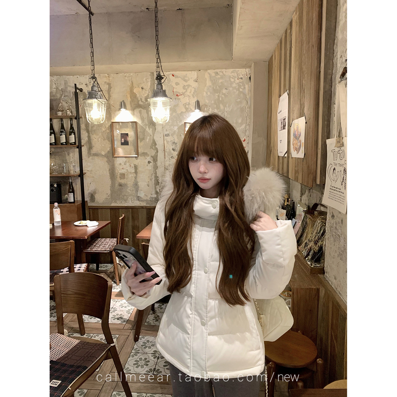 Callmeear//【Raccoon Fur Collar Waist-Cinched down Jacket】White Duck down Jacket for Women, Winter Thickened Coat