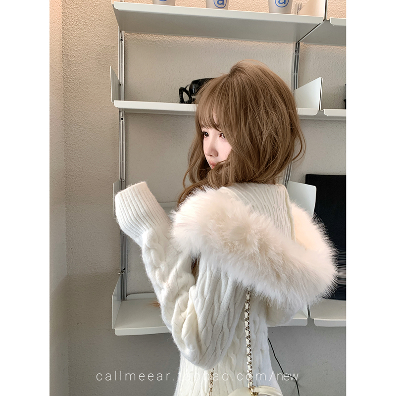 Callmeear//【Original Large Fur Collar Waist-Cinching Sweater】Detachable Large Fur Collar Cable Knit Cardigan Callmeear//【Original Large Fur Collar Waist-Cinching Sweater】Detachable Large Fur Collar Cable Knit Cardigan