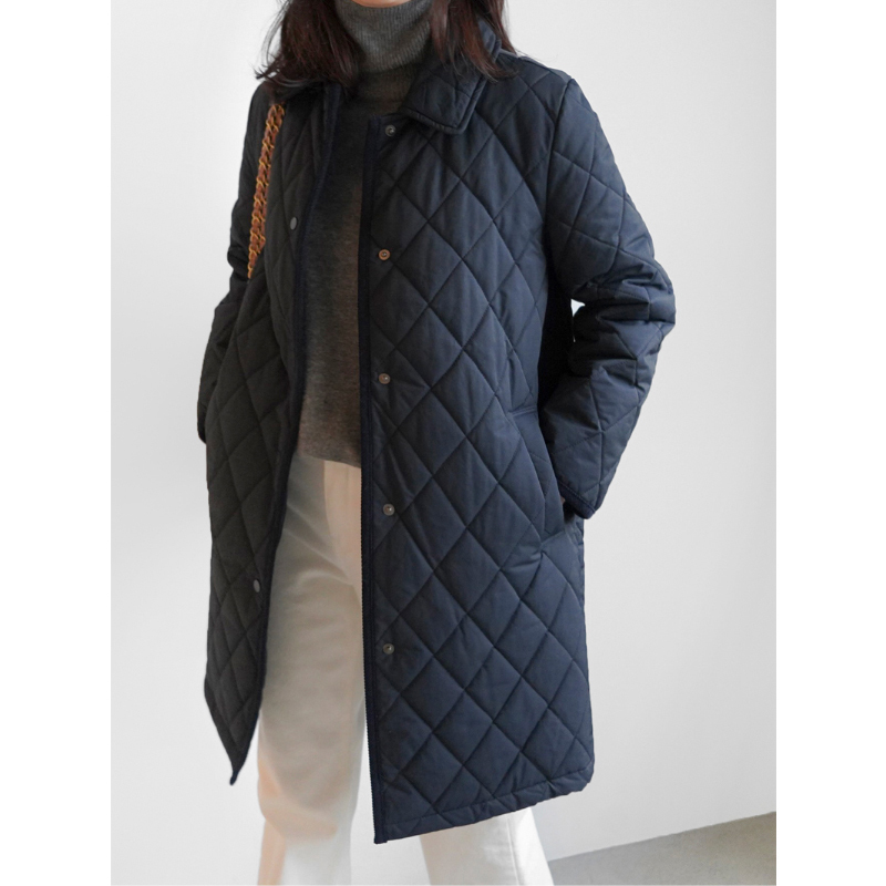 Elegant Korean-Style Artistic Cotton Coat for Women, 2025 Autumn and Winter New Square Collar Patchwork Quilted Mid-Length Thickened Cotton Jacket