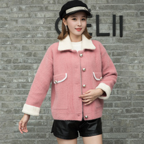 Imitation mink velvet knitted cardigan coat womens short autumn and winter New 2019 thick lapel pocket Joker top