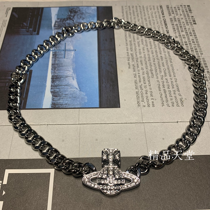 Premium Paradise Saturn Cuban Chain Necklace Full of Diamonds Gold-Plated Magnetic Clasp Vintage Punk Godmother European and American Heavy Craft Edition