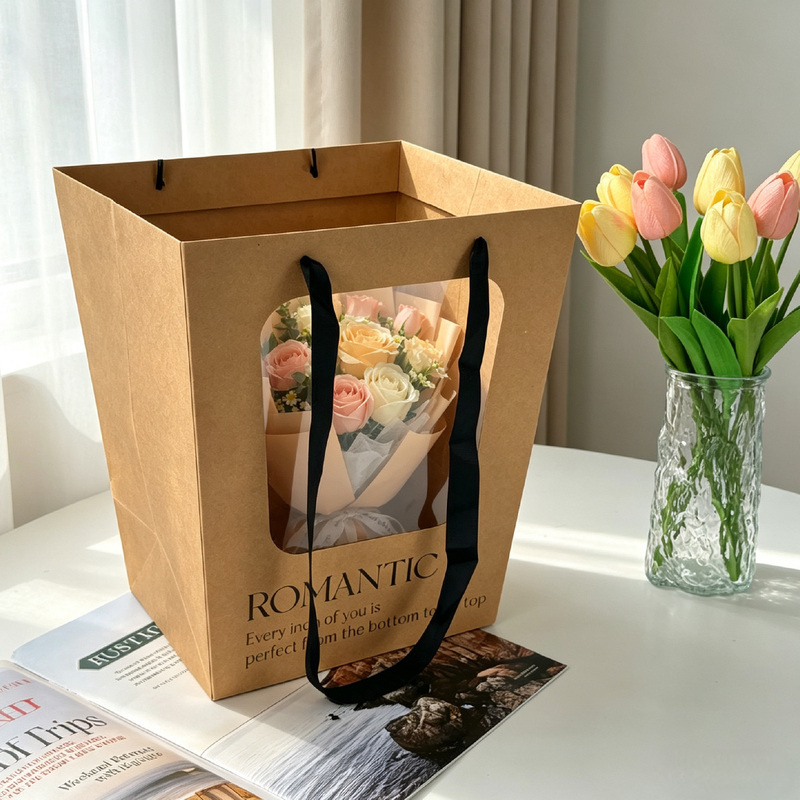 Floral Vintage Kraft Paper Gift Bag with Window, Floral Tote Bag, Light Luxury High-End Gift Bag, Simple Window Bag