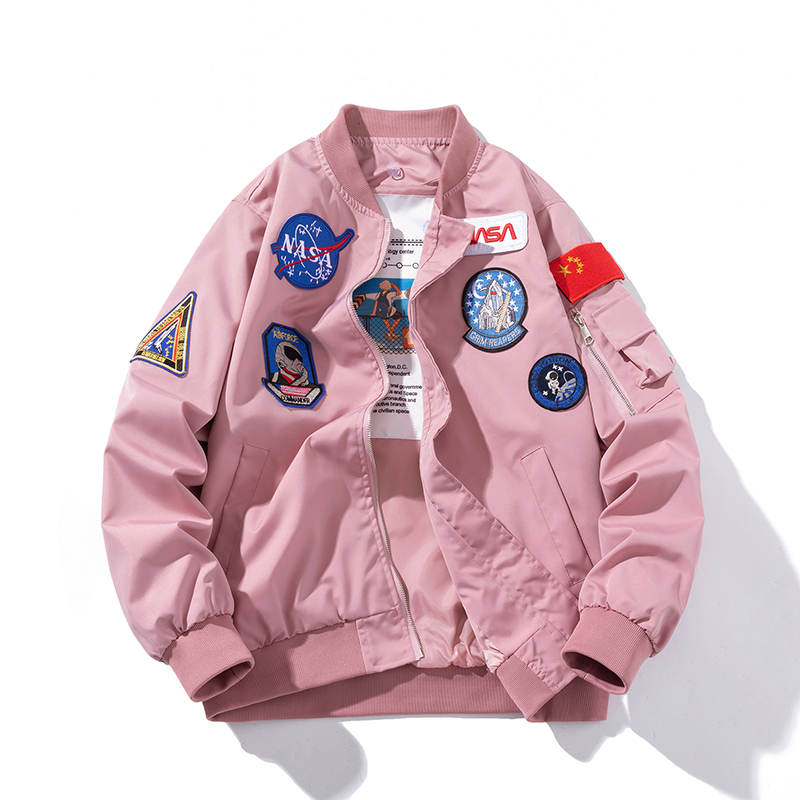 Nasa Collaboration Astronaut Pink Jacket for Women, Spring and Autumn Embroidered Multi-Label Pilot Jacket, Unisex Couple Baseball Jacket