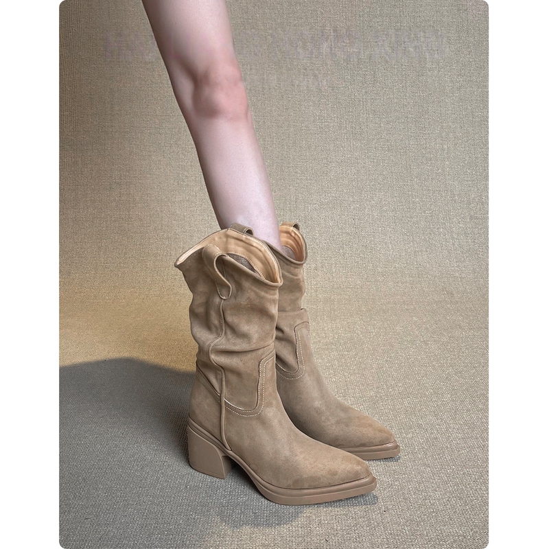 Sheepskin Version~ Retro Pointed-Toe High-Heeled Short Boots for Women, Thick-Soled Chunky Heel, Pleated Stacked Boots, Western Riding Boots, Martin Boots