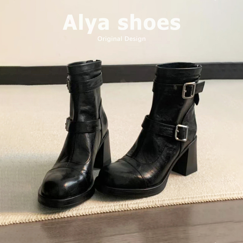 Sheepskin~High-Heeled Thick-Soled Short Boots for Women, British Style, New Autumn and Winter Martin Boots, Thick Heel, Belt Buckle, Fleece-Lined, Slim Boots