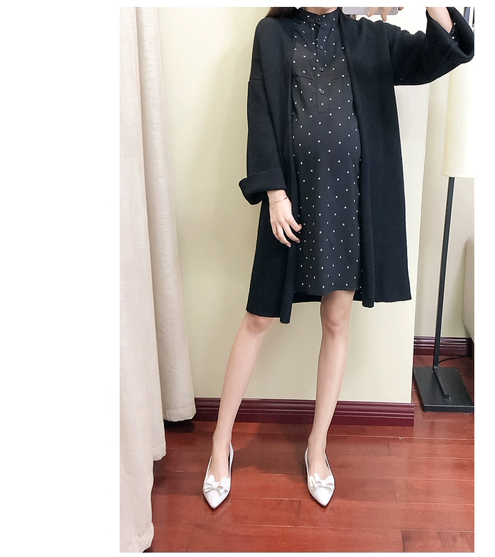 Bộ đồ bà bầu xuân hè 2019 cho bà bầu áo len đầm chấm bi khí chất cỡ lớn áo hai dây cardigan quần áo bà bầu công sở