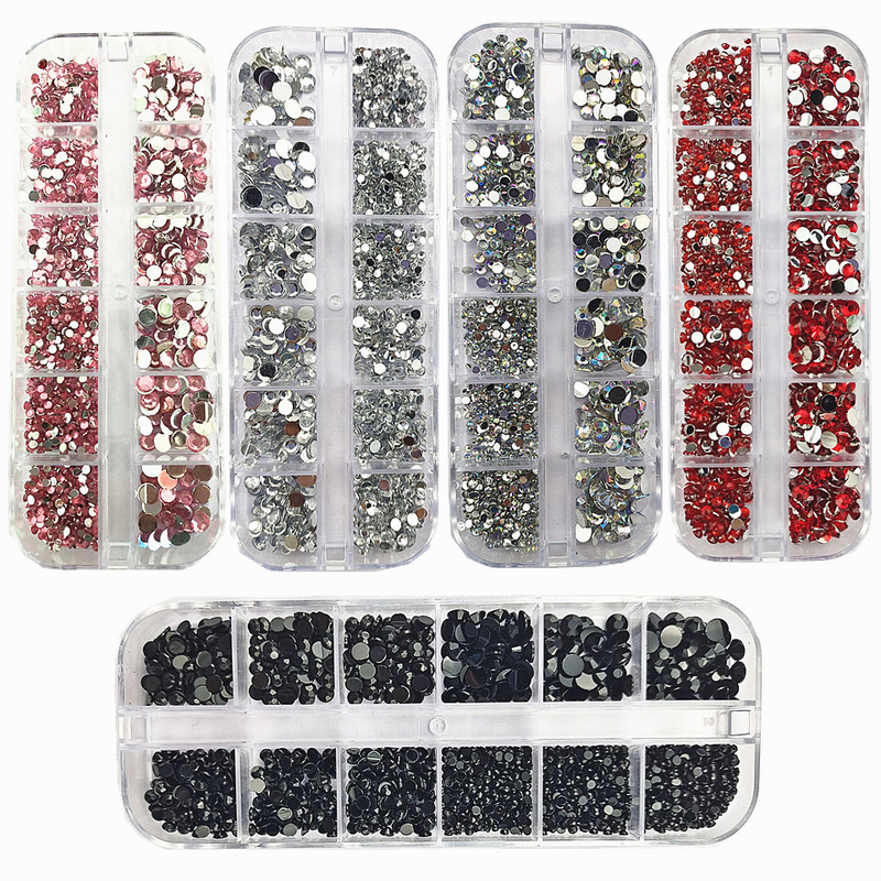 Nail Art Decorations 12-Grid Acrylic Rhinestones, Silver Ab, Bright Red, Mixed Sizes, Resin Flat-Bottom Nail Stickers