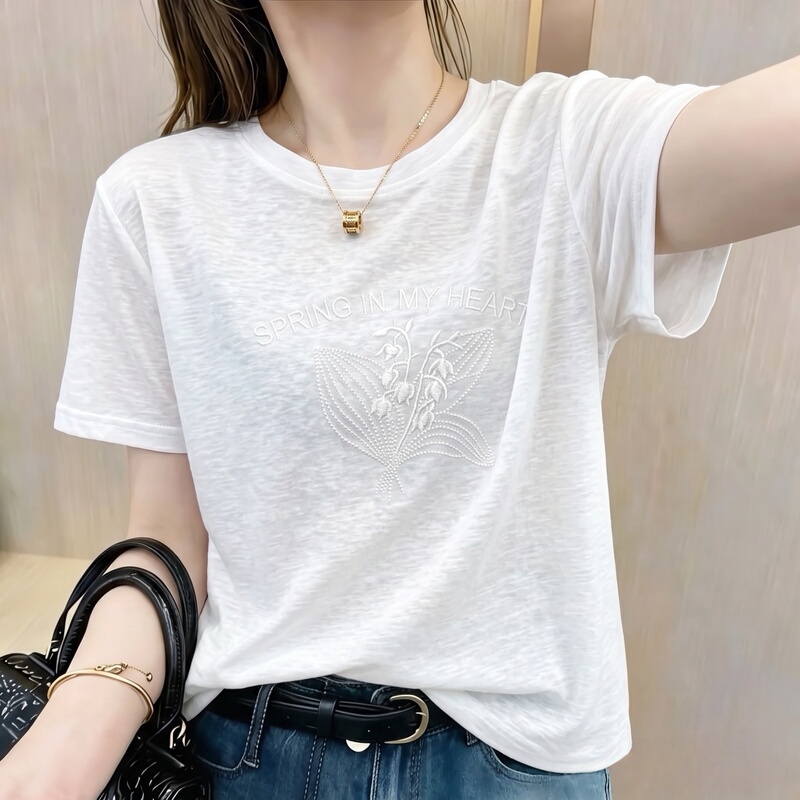 Snowflake Cotton White Short-Sleeved T-Shirt for Women 2026 New Summer Loose Slimming Look Versatile Casual Style High-End Top Snowflake Cotton White Short-Sleeved T-Shirt for Women 2026 New Summer Loose Slimming Look Versatile Casual Style High-End Top