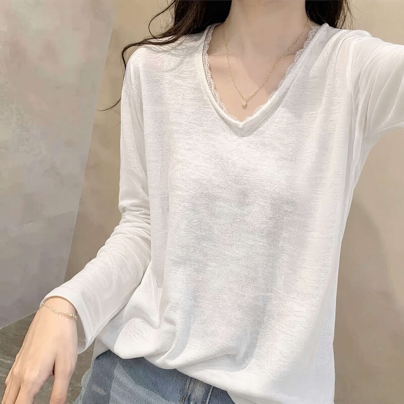 Snowflake Cotton White Lace Trim V-Neck Long-Sleeve T-Shirt for Women 2026 New Autumn Loose Inner Layer Base Shirt Top Trendy