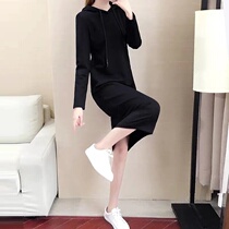 Sweatshirt 2019 new female autumn winter plus velvet thick loose Korean version of thin long hat over knee long sleeve dress