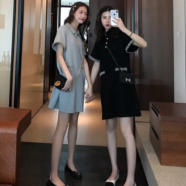 French small crowdsourced polo collar foreign dress 2019 new summer pop little fresher student a word dress egg