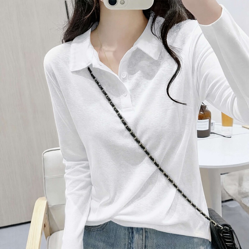 Snowflake Cotton White Polo Collar Long-Sleeved T-Shirt for Women 2026 New Autumn Loose Slimming Inner Layering Top