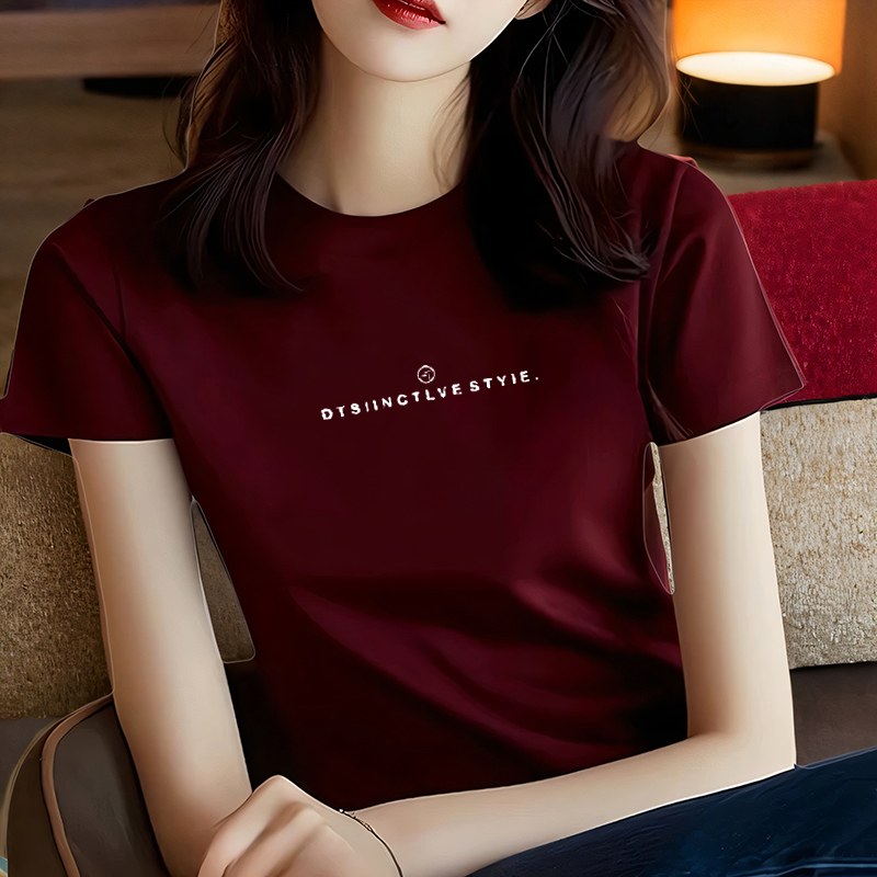 2026 New Style Burgundy Short-Sleeved Women's T-Shirt, Summer Pure Cotton, Slimming, High-End Feel, Base Shirt Top ins Trendy Brand 2026 New Style Burgundy Short-Sleeved Women's T-Shirt, Summer Pure Cotton, Slimming, High-End Feel, Base Shirt Top ins Trendy Brand