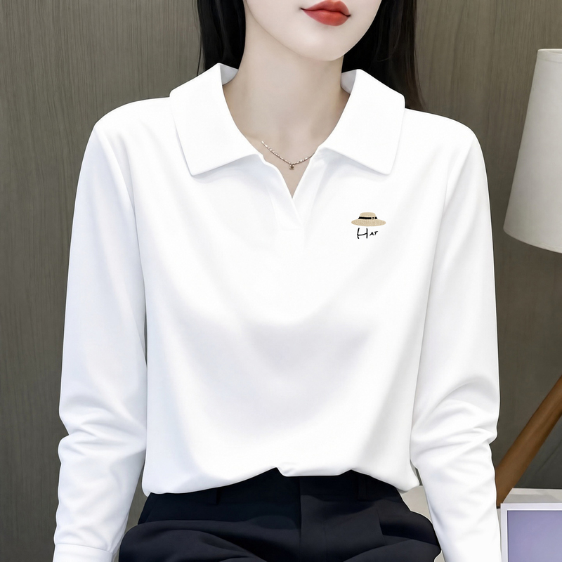 Pure Cotton White Polo Collar Long-Sleeve T-Shirt for Women, 2026 New Autumn and Winter Loose Fit, Slimming Inner Layer Base Shirt Top, Trendy Pure Cotton White Polo Collar Long-Sleeve T-Shirt for Women, 2026 New Autumn and Winter Loose Fit, Slimming Inner Layer Base Shirt Top, Trendy