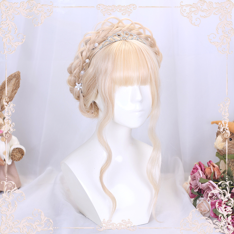 Lolita Wig for Women, Long Curly Hair, Wedding Lolita Braided Hairstyle, Full Head Updo, Golden Wig, Lolita