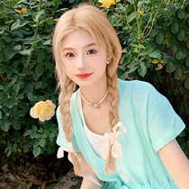 Blonde wig female long hair summer rose same wig set with pork braids and ponytail hairstyle full-headed