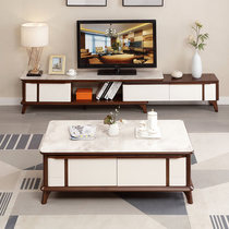 Glass steel Stone tea table TV cabinet combination modern simple retractable Nordic TV cabinet living room small apartment living room