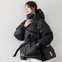Star with the same 2021 winter new Korean version with lace-up waist and thin hooded short down jacket womens warm jacket
