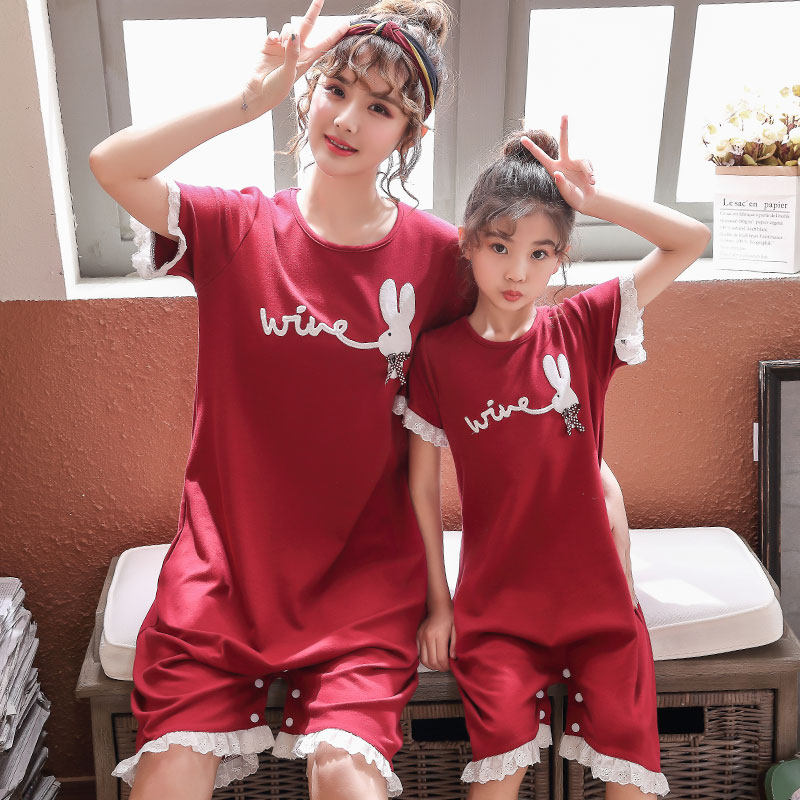 Girls' nightdress summer cotton short-sleeved mother and daughter cute cartoon little girl one-piece children's pajamas two wear home clothes