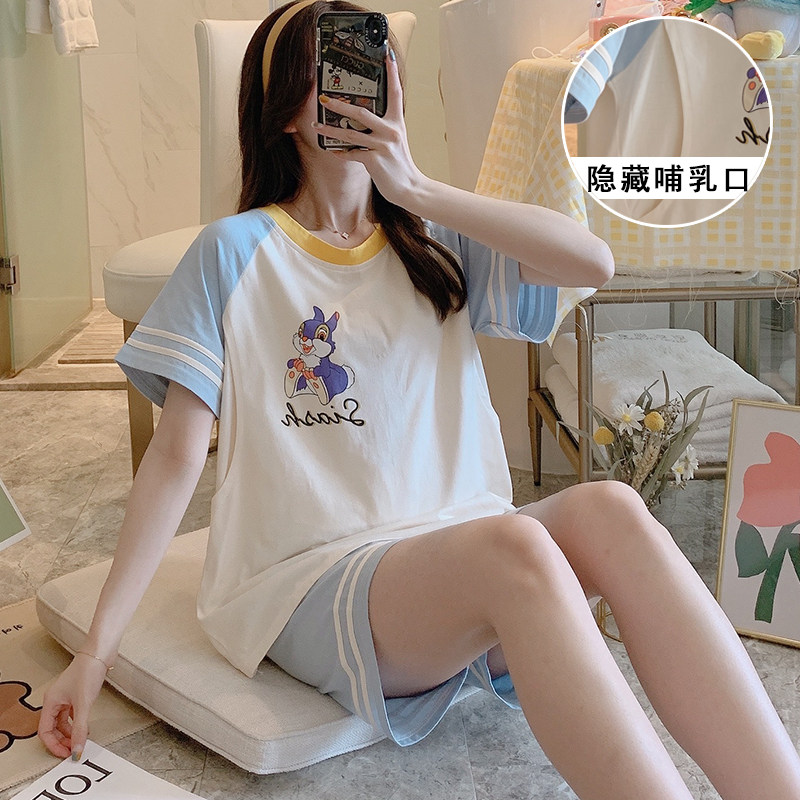 Lactation - feeding pajamas summer after short sleeve feeding thin cotton lunar clothing in August 7 pregnant women sweat in large - yard suit