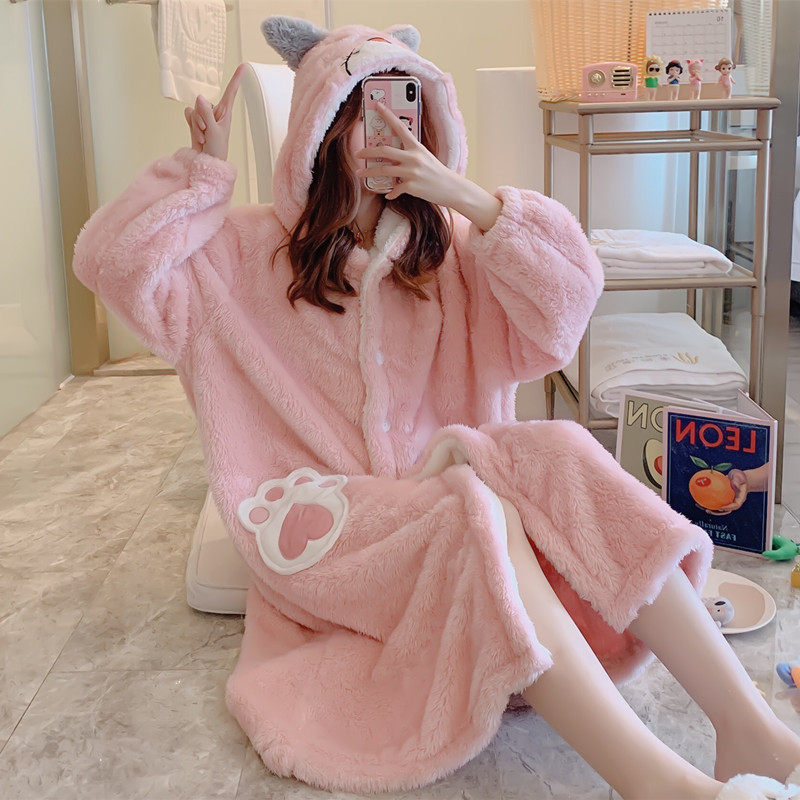 Coral velvet nightdress women's autumn and winter thickened large size students can wear flannel pajamas long version pregnant women's home skirt