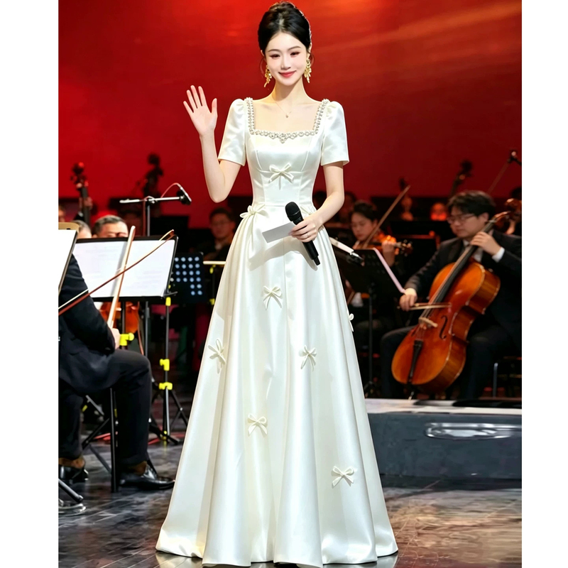 White Evening Dress for Music and Performing Arts Exams, High-End and Elegant, Suitable for Engagement, Marriage Registration, and Everyday Wear, Adult Ceremony Dress White Evening Dress for Music and Performing Arts Exams, High-End and Elegant, Suitable for Engagement, Marriage Registration, and Everyday Wear, Adult Ceremony Dress