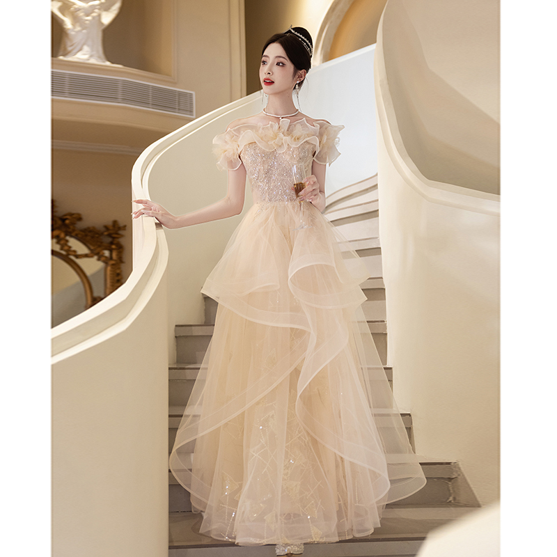 One-Shoulder Evening Dress 2026 New Style Light Luxury Niche Banquet High-End Host Stunning Coming-Of-Age Ceremony Art Exam Performance