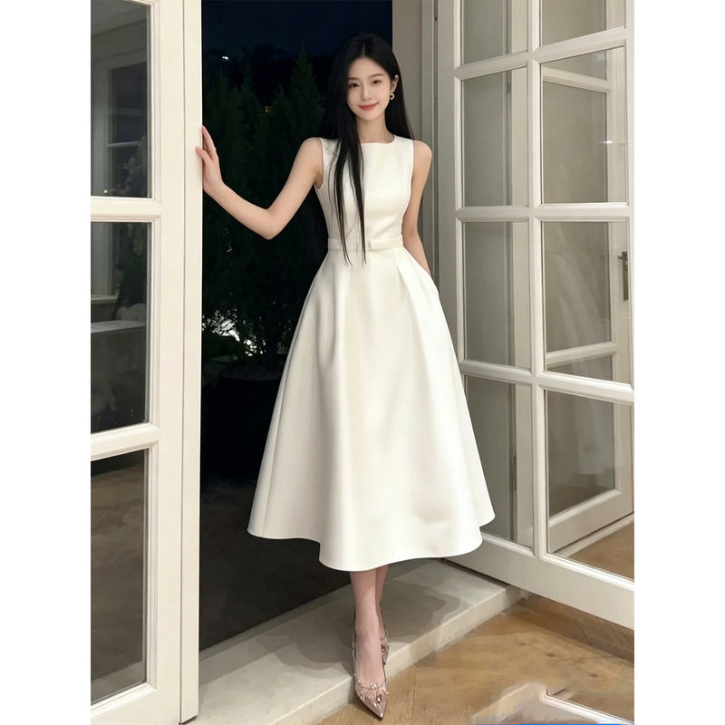 White Sleeveless Dress for Coming-Of-Age Ceremony, Birthday, Graduation Banquet, Small White Dress for Marriage Registration, Everyday Wear