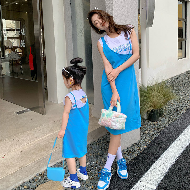 Mother and daughter dress summer short-sleeved skirt two-piece suit foreign style parent-child dress t-shirt dress fried street girls long skirt summer
