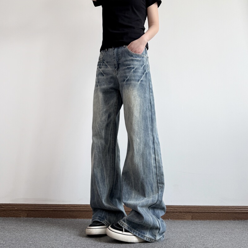 Fishball American High Street Cleanfit Lightning Crackle Vibe Wide-Leg Flared Straight Jeans for Men and Women
