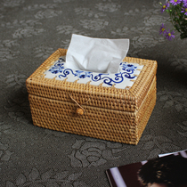 Handmade Vietnamese rattan tissue box retro blue and white porcelain pastoral style woven paper box medium rectangular desktop